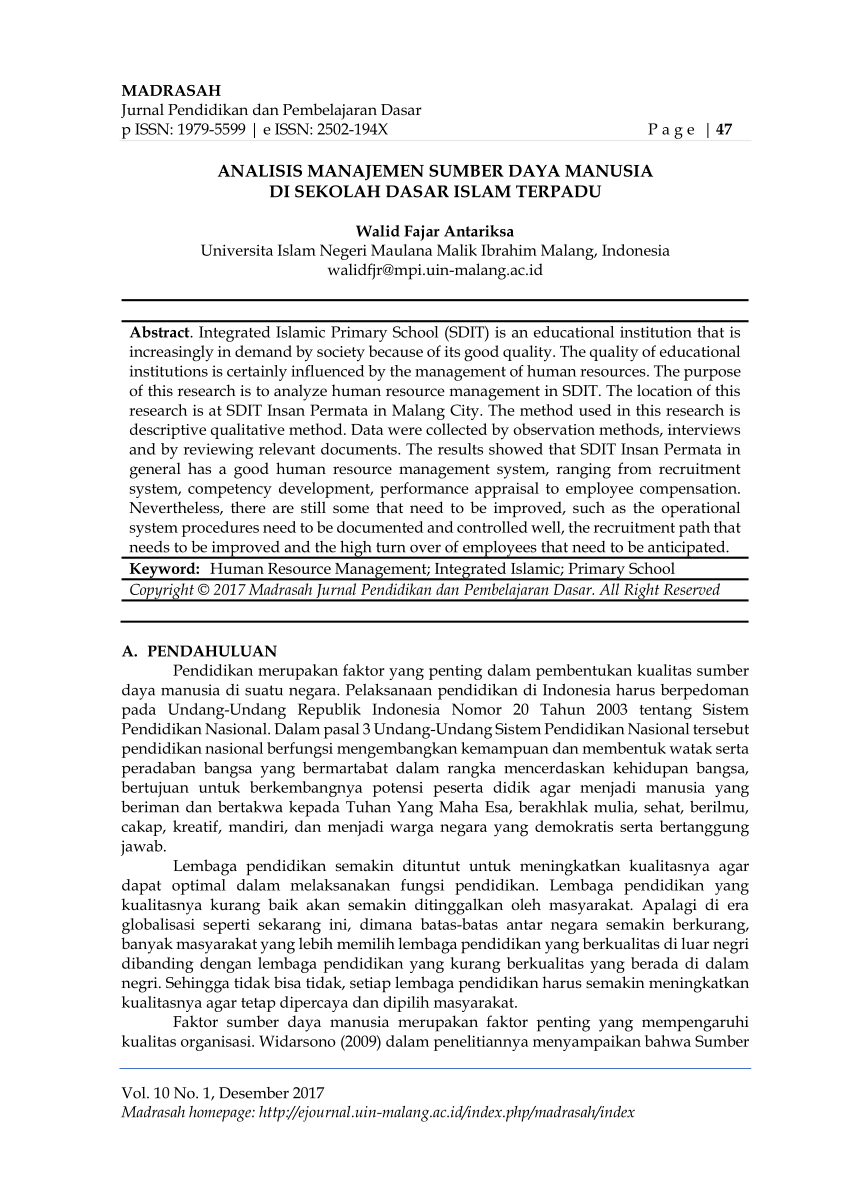 (pdf) analisis manajemen sumber daya manusia di sekolah dasar islam terpadu